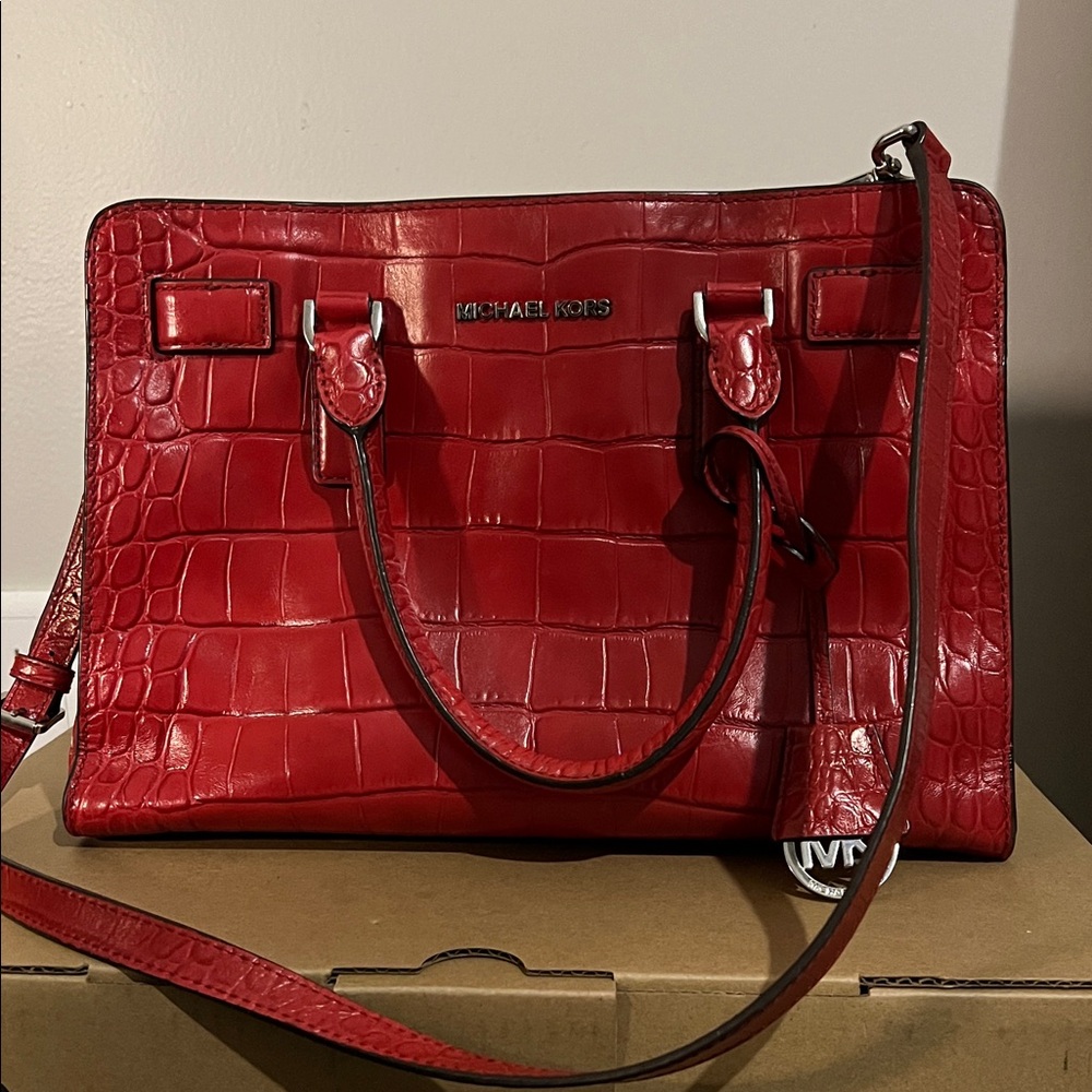 Michael Kors Red Croc-Embossed Satchel